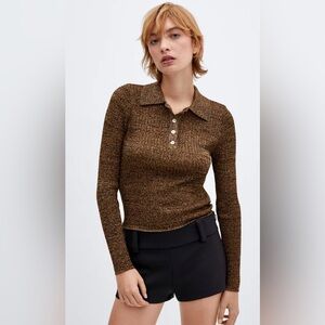 MANGO LUREX POLO NECK SWEATER size Small Brown
